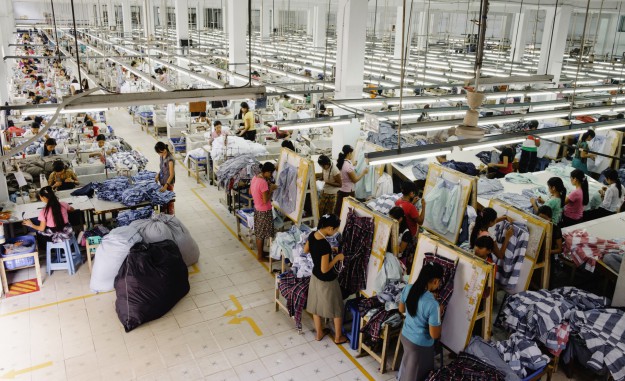 High angle view of workers in garment factory