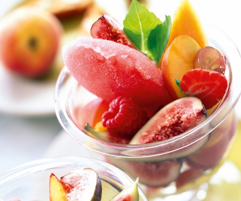 Fruit salad with watermelon sorbet